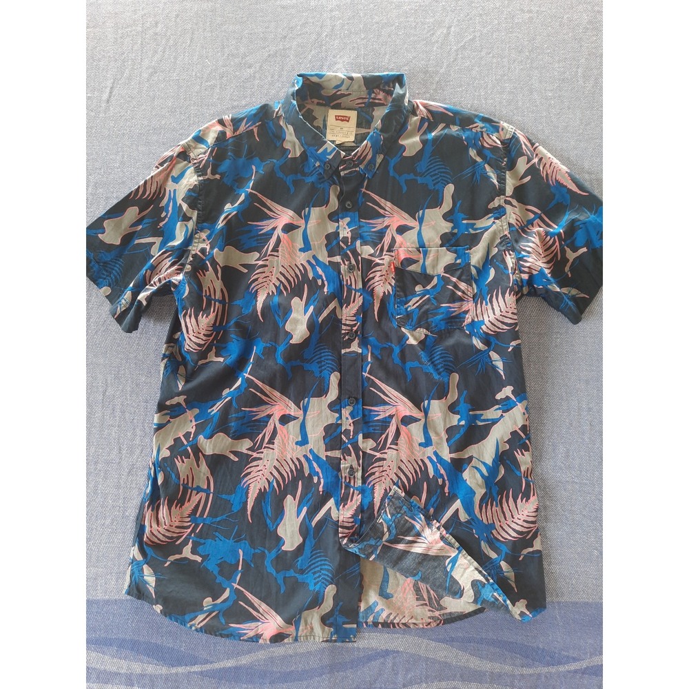 Levis Mens XXL Short Sleeve Button Down Shirt All over Tropical Palm Print Blue